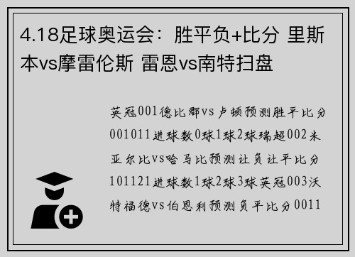 4.18足球奥运会：胜平负+比分 里斯本vs摩雷伦斯 雷恩vs南特扫盘