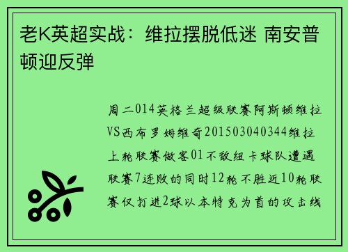 老K英超实战：维拉摆脱低迷 南安普顿迎反弹